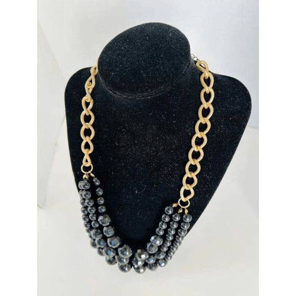 Vintage Jewelry - Vintage 80s 3 Strand Gold Tone Chain And Black Beaded Necklace Chunky